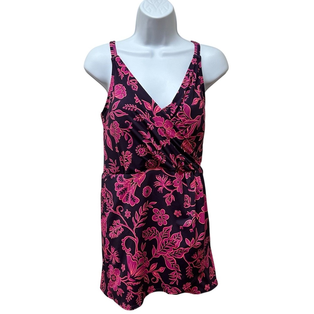 Lands' End Faux Wrap One Piece Swimsuit Swim Dress Pink Purple Size M 10/12 NEW